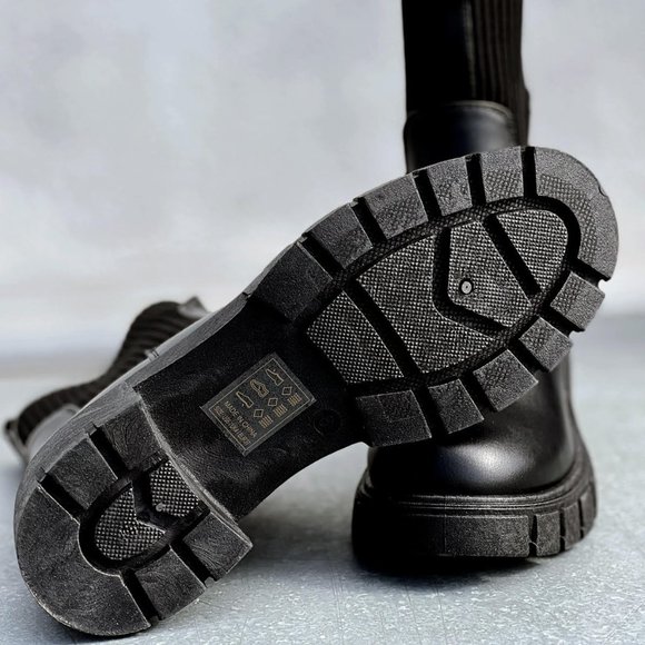 NEW Black Chunky Lug Sole Platform Elastic Cute Ankle Sock Boots Chelsea Bootie - Picture 5 of 11